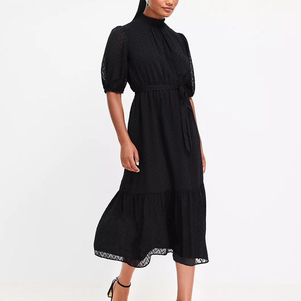 NWT Loft Chevron Clip Smocked MIDI Dress Black Size XL